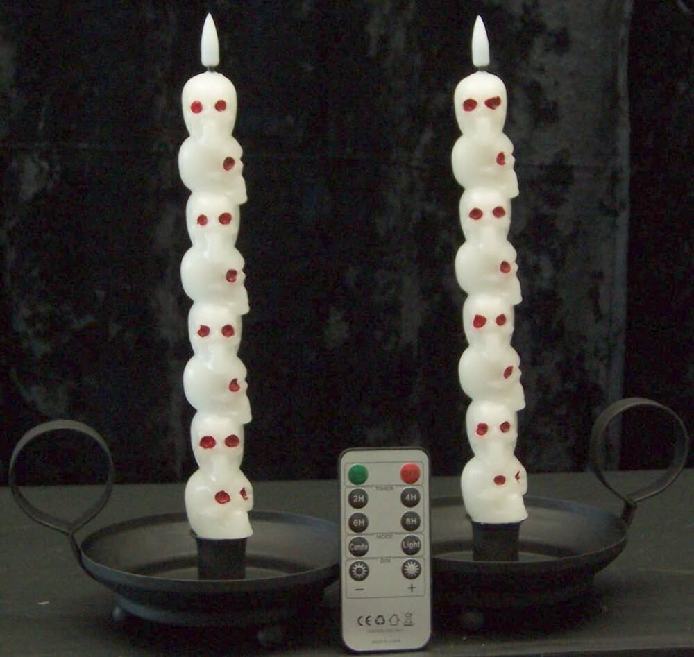 Curated Gothic Halloween Skull LED Candle Set w/ Iron Pedestals